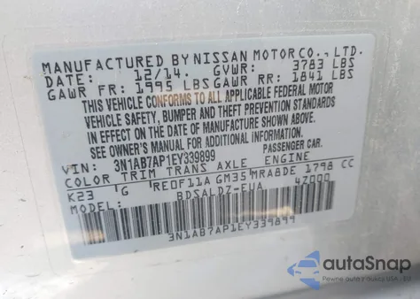 2014 Nissan Sentra Sv z USA, uszkodzony, nr VIN 3N1AB7AP1EY339899